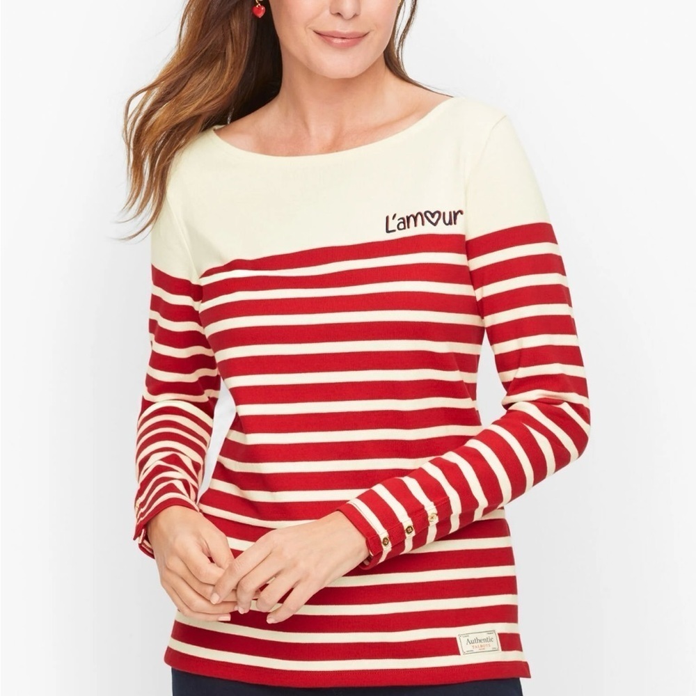 Talbots "Authentic" Cotton Red Cream Striped L'Amour Long Sleeve Boat Neck Tee
